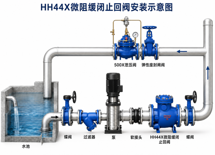 HH44X微阻缓闭止回阀的工作原理安装示意图