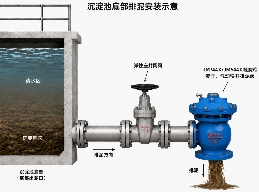 JM744X/JM644X隔膜式快开排泥阀安装示意图
