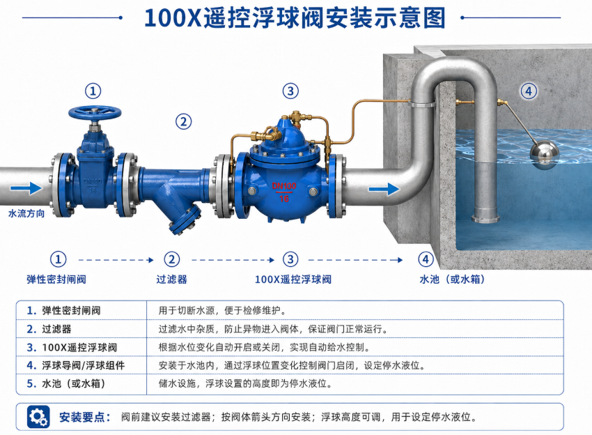 100X隔膜式遥控浮球阀安装示意图